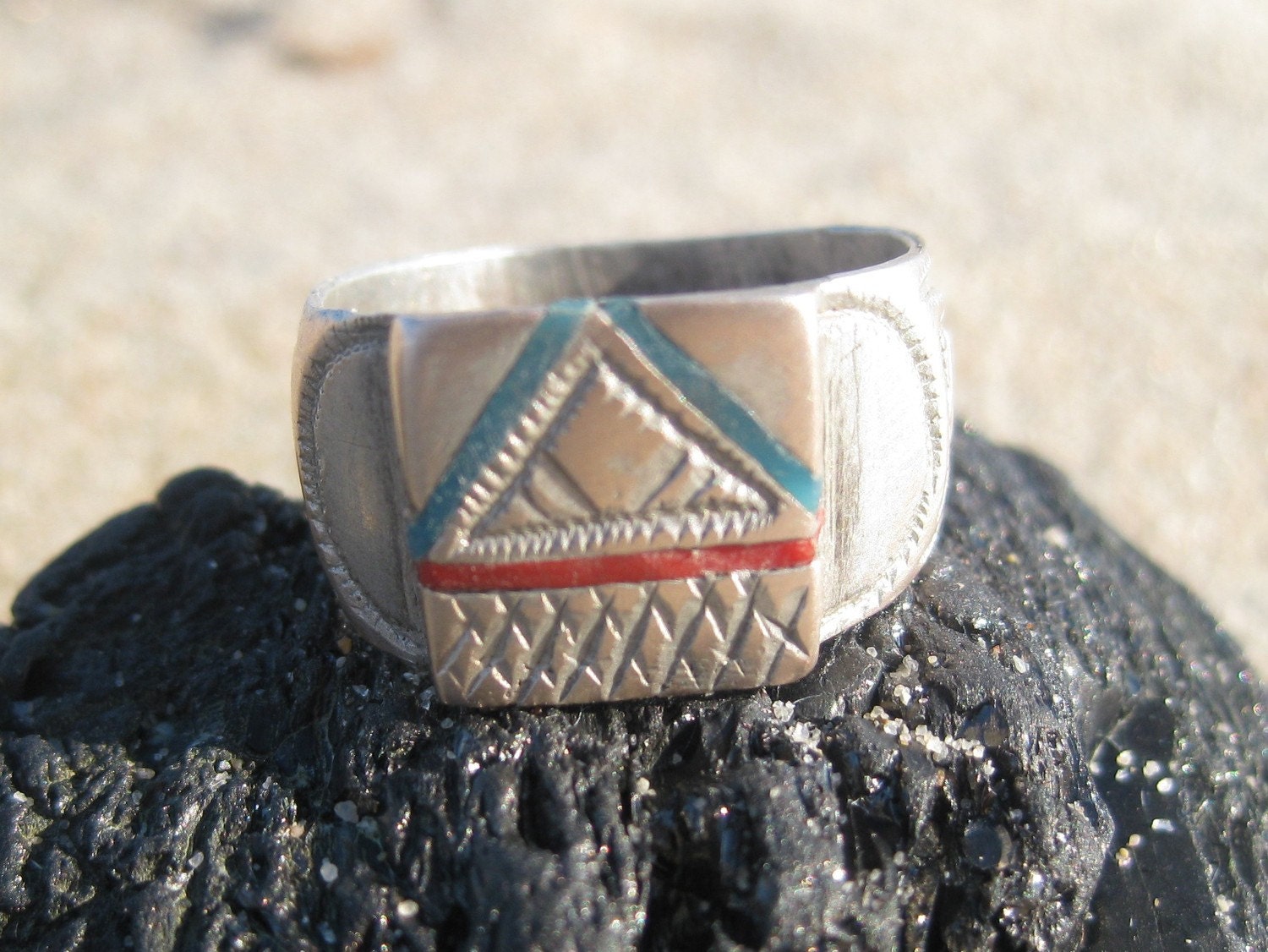 Old Silver Etched African Ring with Red and Blue Triangle