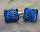Fused Glass Cufflinks, Unisex Blue Glass Cuflinks, Shades of Blue and Purple Dichroic Fused Glass Cufflinks