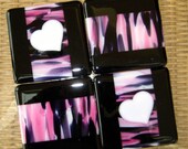 Valentine Coasters, Fused Glass Coaster Set of Four--Sweetheart  Pink and Black