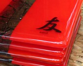 Red Fused Glass Coaster Set of Four -- Asian Inspired Kanji Symbols in  Red