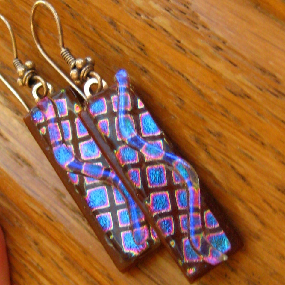 Dichroic Fused Glass French Hook Earrings, Long Dangle Earrings- Squares and Squiggles