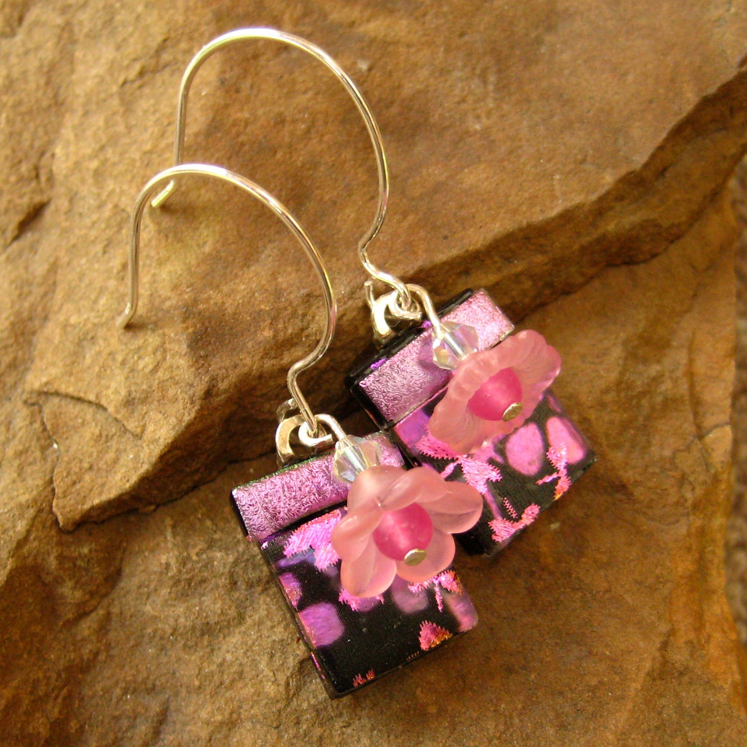Dichroic Fused Glass French Hook Earrings, Pink Dragonflies and Flowers
