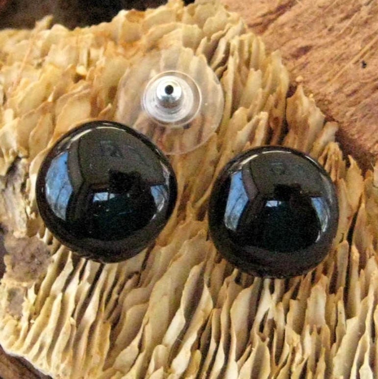 Tiny Black Fused Glass  Post Earrings, Black Button Earrings, Glass Earrings
