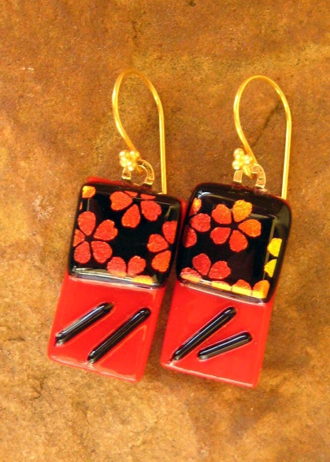 Red Dichroic Fused Glass Drop Earrings-Asian Inspired Cherry Blossom