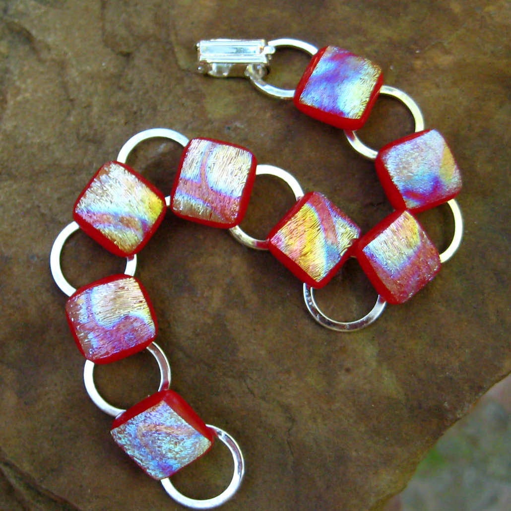 Red Fused Glass Bracelet Dichroic Link Bracelet, Red Rainbows Dichoric Jewerly Bracelet