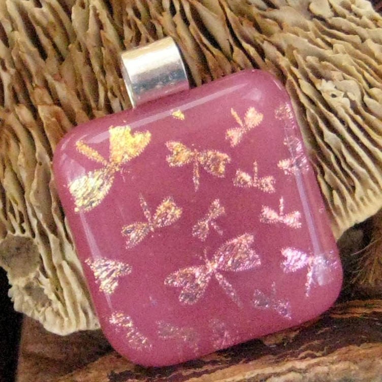 Pink Dragonfly Fused Glass Pendant,  Dichroic Pendant, Dichroic Fused Glass Pendant