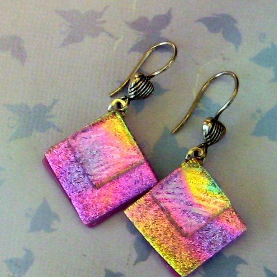 Hot Pink Fused Glass Earrings, Dichroic Fused Glass  Earrings