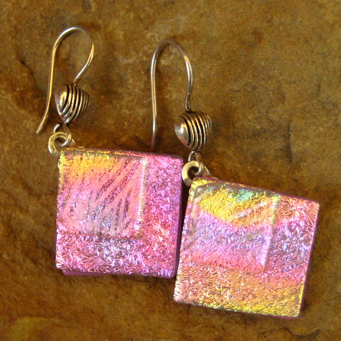 Hot Pink Fused Glass Earrings, Dichroic Fused Glass  Earrings