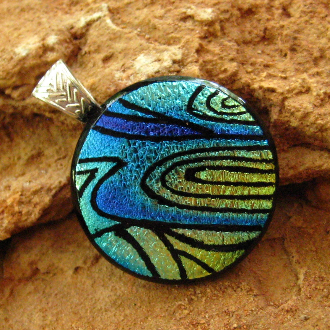 Dichroic Fused Glass Zentangle Pendant, Hand Etched Fused Glass - Cool Southwest