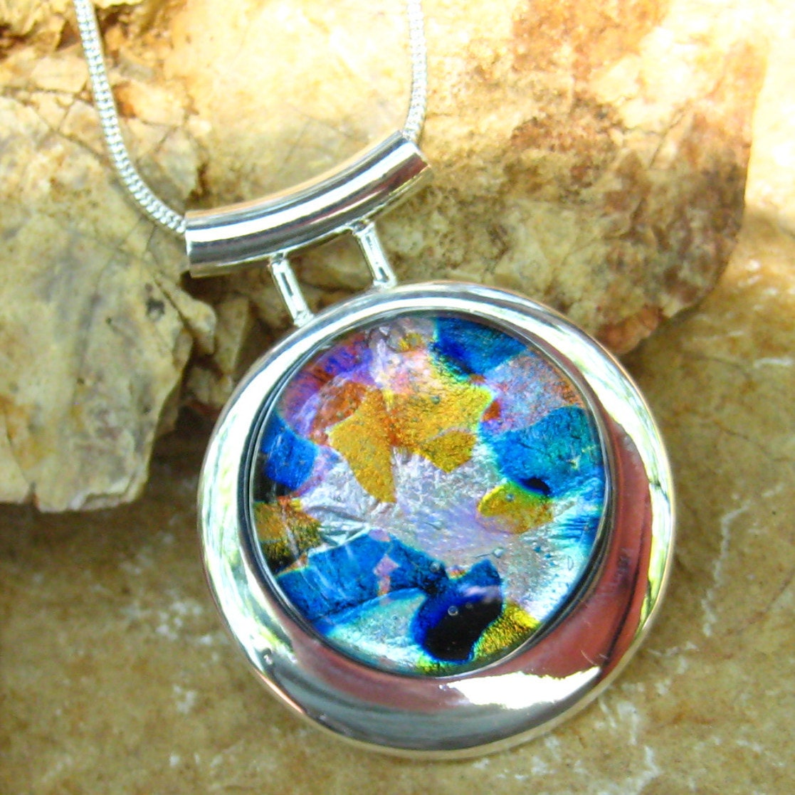 Dichroic Fused Glass in a Silver Setting, Blue and Copper Dichoric Glass Pendant - Kaleidoscope