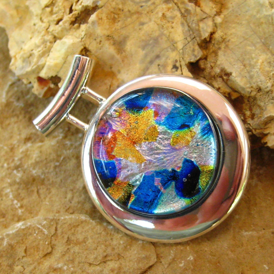 Dichroic Fused Glass in a Silver Setting, Blue and Copper Dichoric Glass Pendant - Kaleidoscope