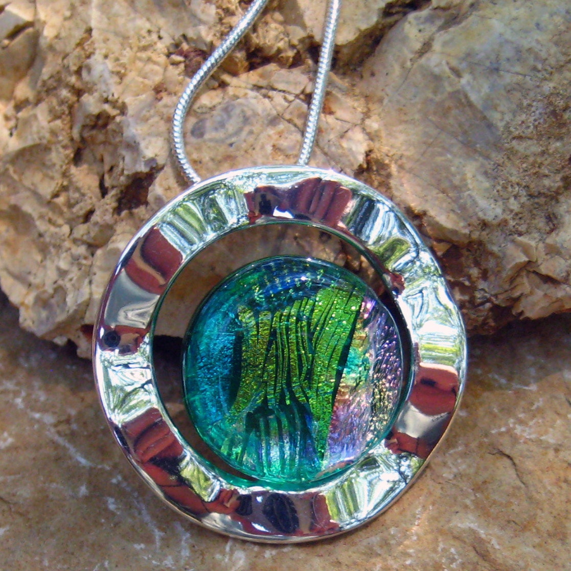 Dichroic Fused Glass in a Silver Setting, Fused Glass Jewelry - On the Waves