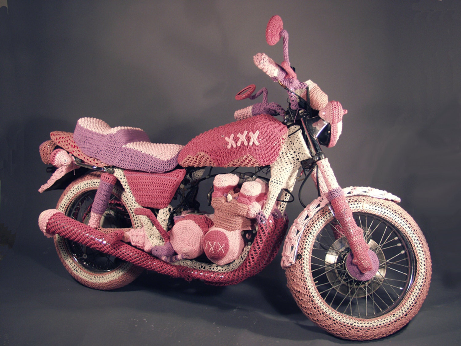 Knit Motorcycle Cozy sculpture by Theresa Honeywell