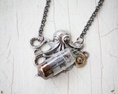Steampunk Octopus Vacuum Tube Necklace Nautical Mechanical Sea Creature