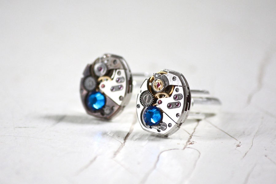 Vintage Steampunk Cuff Links Watch Movements Swarovski CAPRI BLUE Crystals - Hidden Methodology