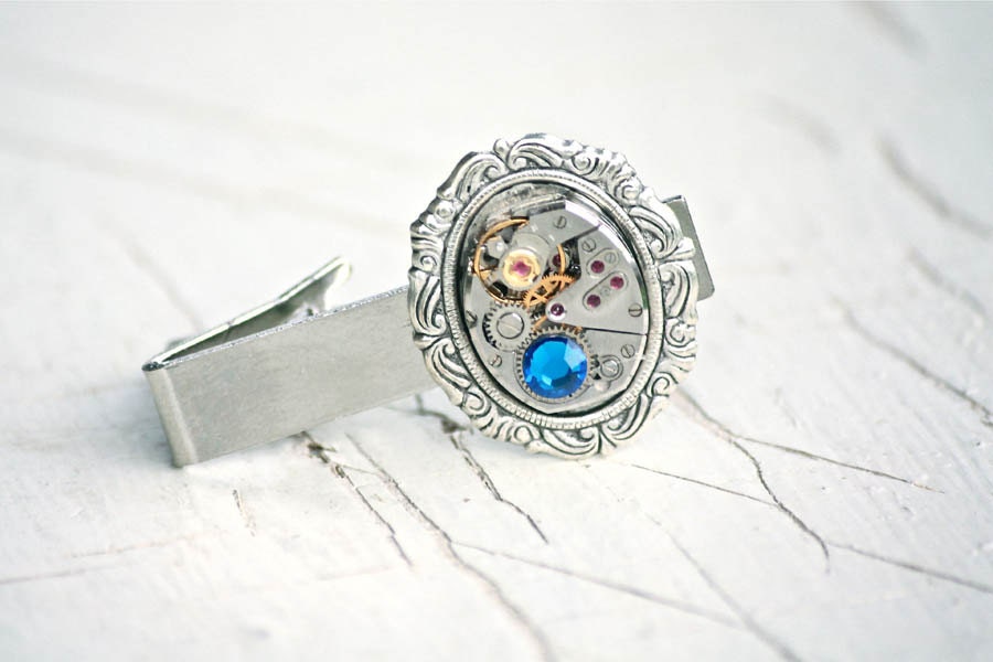 Hidden Methodology - Vintage Steampunk Watch Movement Alligator Bar Tie Clip with Swarovski CAPRI BLUE Crystal