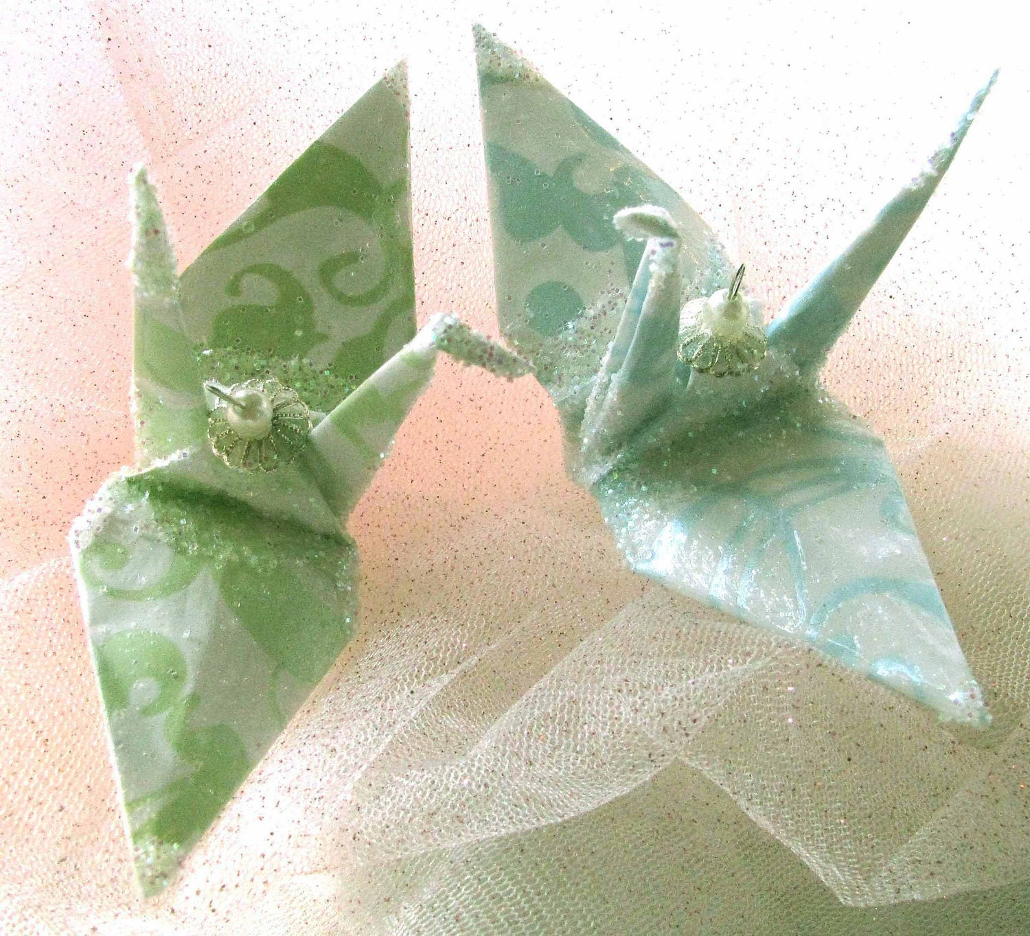 Peace Crane Wedding Cake Topper Party Favor Christmas Ornament Origami Japanese Paper Bird Mint Green Pearl Blue
