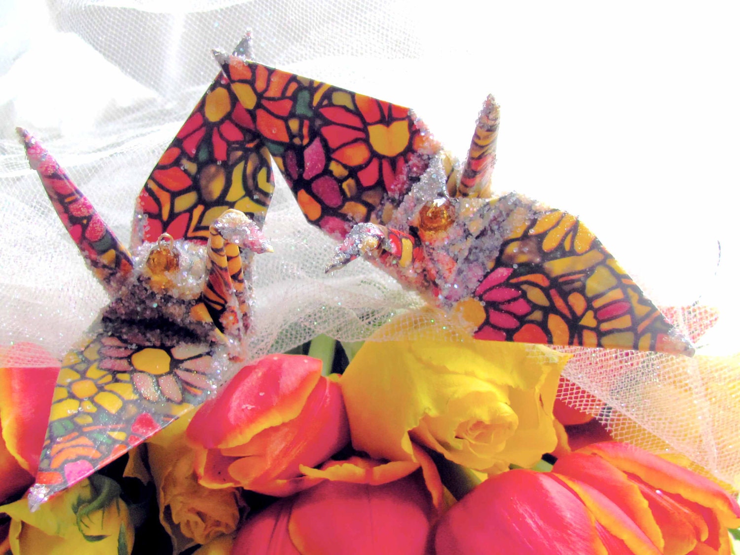 JT's Glass Sunflowers Peace Crane Wedding Cake Topper Party Favor Origami Ornament Bird Tiffany