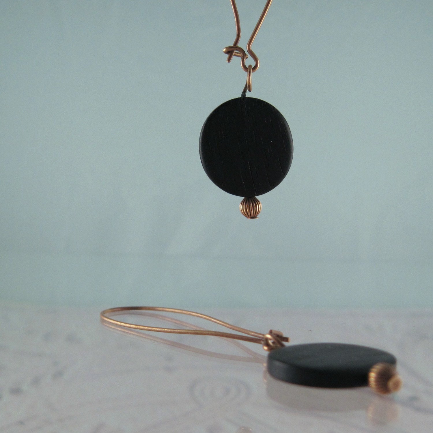 Antiqued Brass and Black Wood Earrings