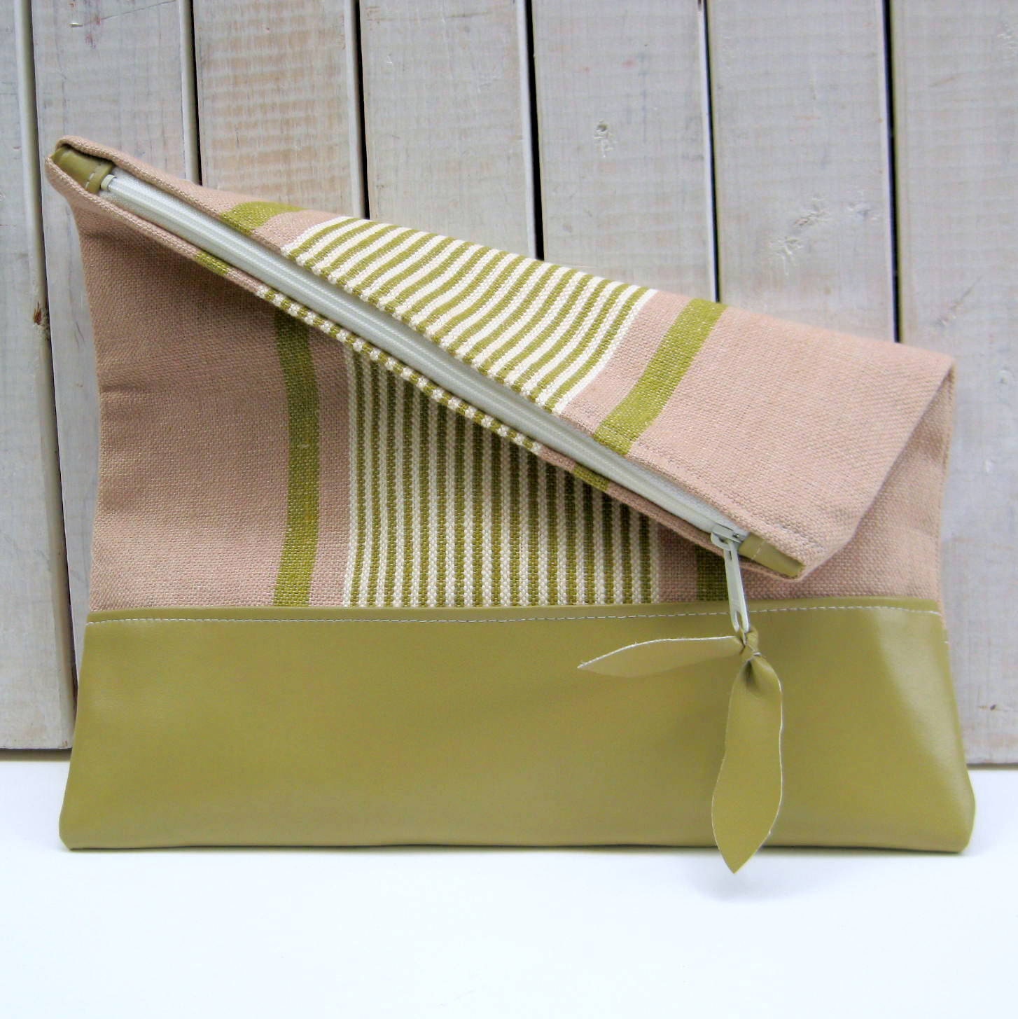 Clutch Purse in Stripe Natural and Green Linen and Vegan Leather Foldover