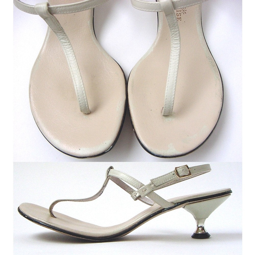 Strappy Bone Cream 60s Kitten Heel Leather Thong by shopgoodgrace