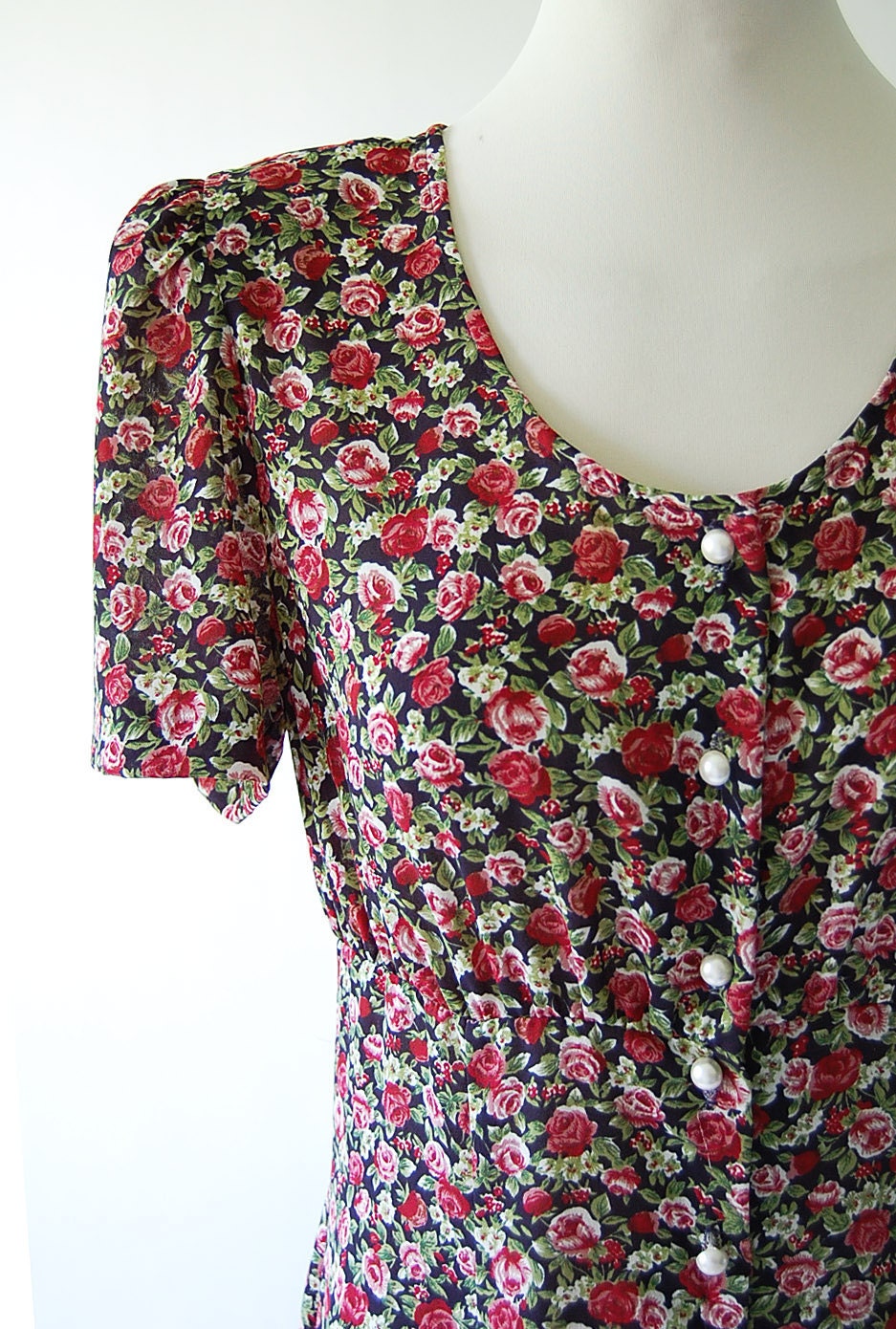 Floral Grunge Dress . Black Floral Print Long Dress . Full Button Front . drape s m boho