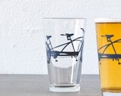 2 hand printed bike pint glasses, charcoal tandem bicycle