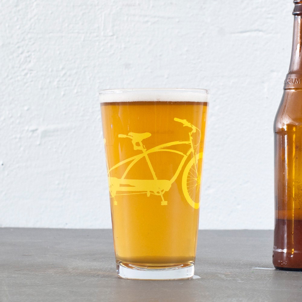2 hand printed bike pint glasses, yellow tandem bicycle
