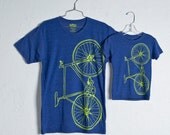 like father, like son - fixie - set of 2 tri-blend bike tees, lime green bicycle on indigo blue