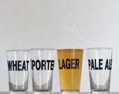 Classic beers - 4 hand printed pint glasses - dark charcoal - Lager Porter Wheat and Pale Ale