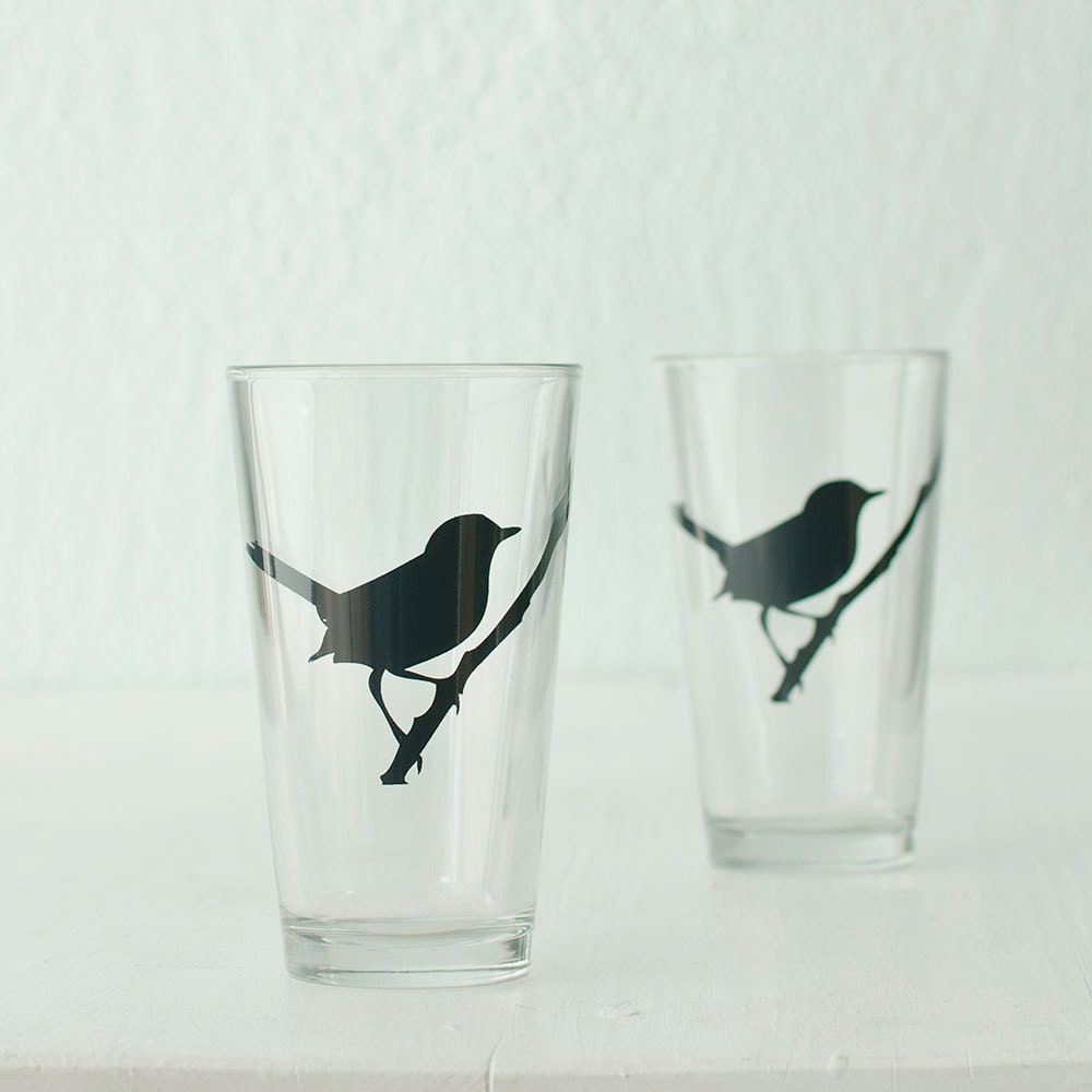 Wren, screen printed glassware, charcoal, set of 4 pint glasses