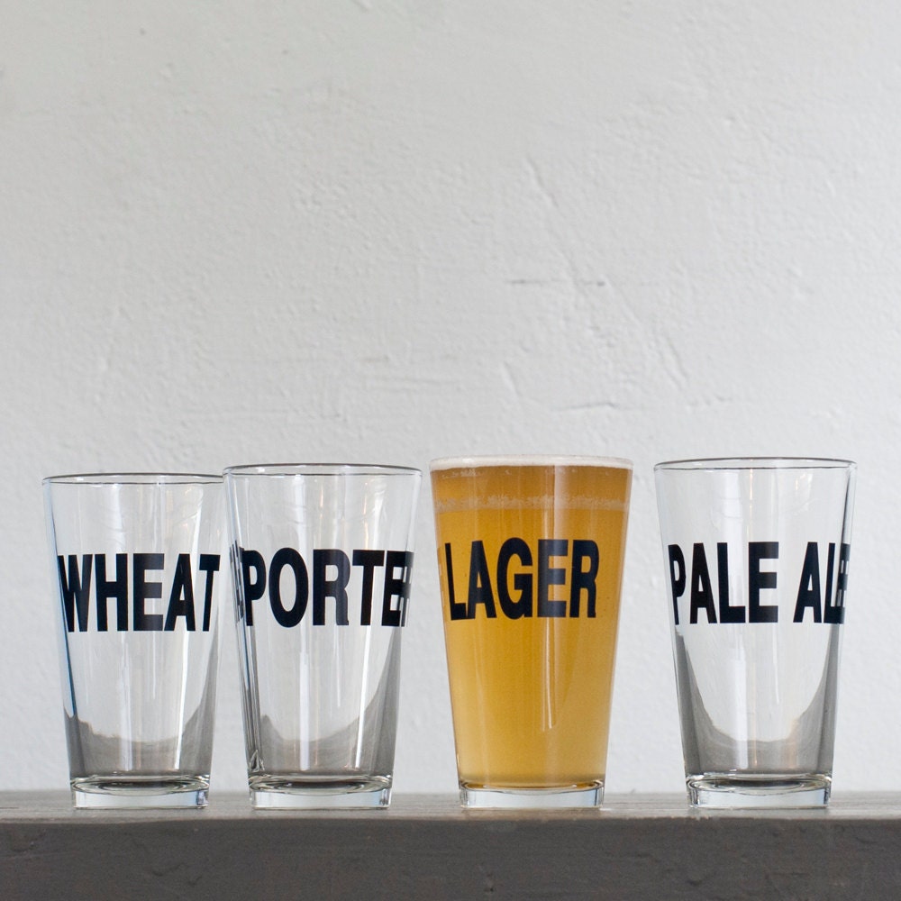 Classic beers - 4 hand printed pint glasses - dark charcoal - Lager Porter Wheat and Pale Ale
