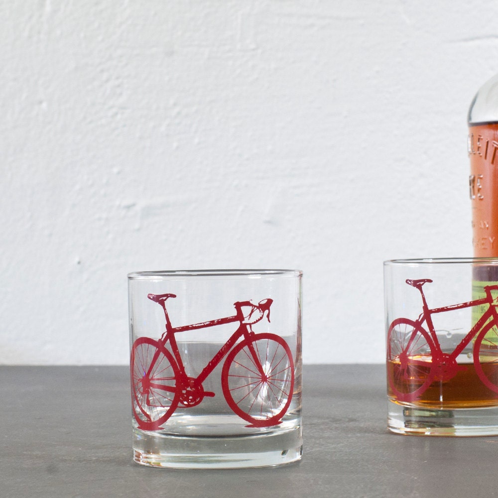 4 hand printed bike rocks glasses, burgundy bicycle
