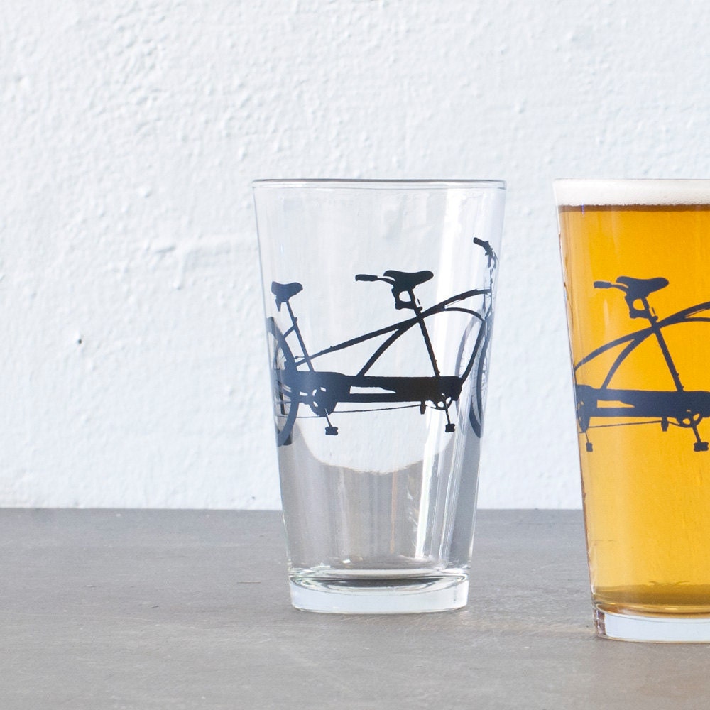 2 hand printed bike pint glasses, charcoal tandem bicycle