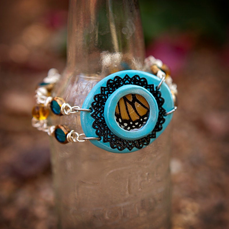 Aqua and Orange Monarch Wing Bracelet- Real Butterfly Wing