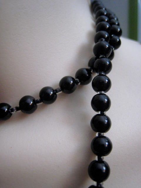 Vintage Long Black Glass Bead Flapper Necklace