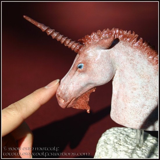 Roan Unicorn with blue eyes -- OOAK fantasy sculpture equine bust