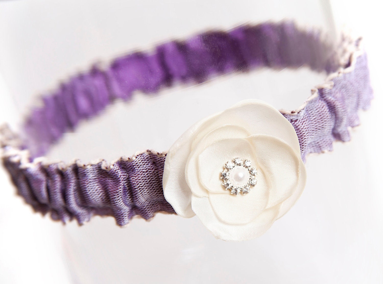 Purple Garter with Ivory Blossom Wedding Garter Bridal Garter with Pearl Accent
