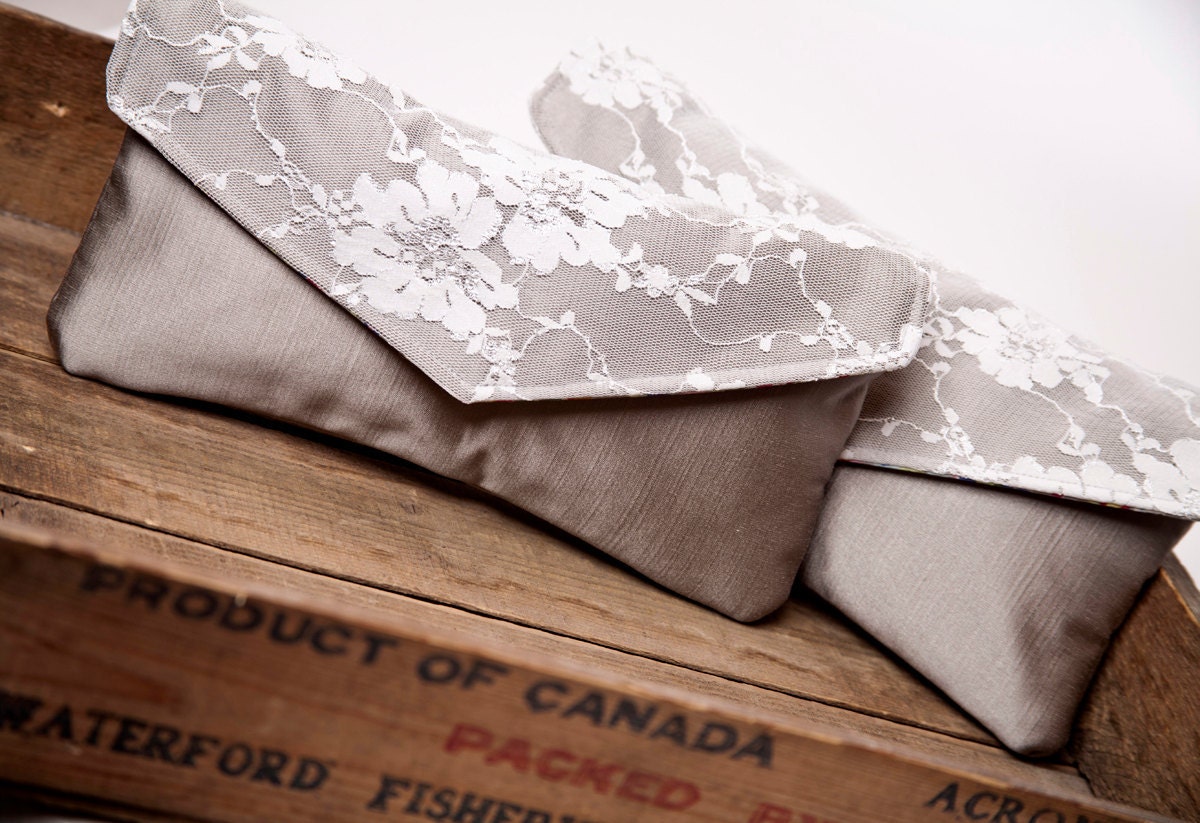 SALE Envelope Clutch - Silver and Lace Bridesmaid Clutch, Bridal Clutch