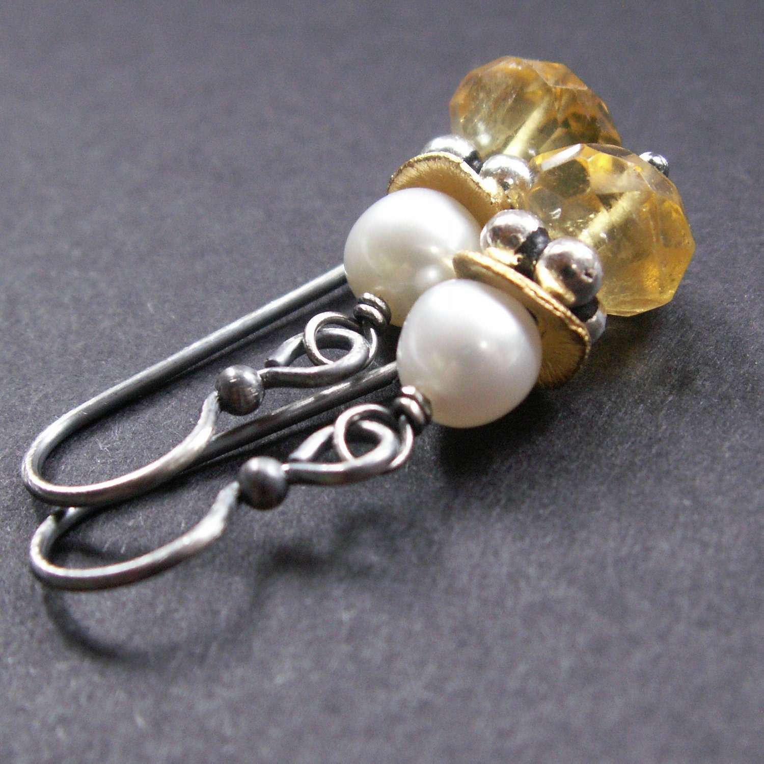 Citrine Drop Earrings . White Pearl June November Birthstone Earrings . Sterling Silver