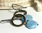 Aqua Glass Bead Earrings . Dangle Vintage Glass Beads Mixed Metals . Sterling Silver