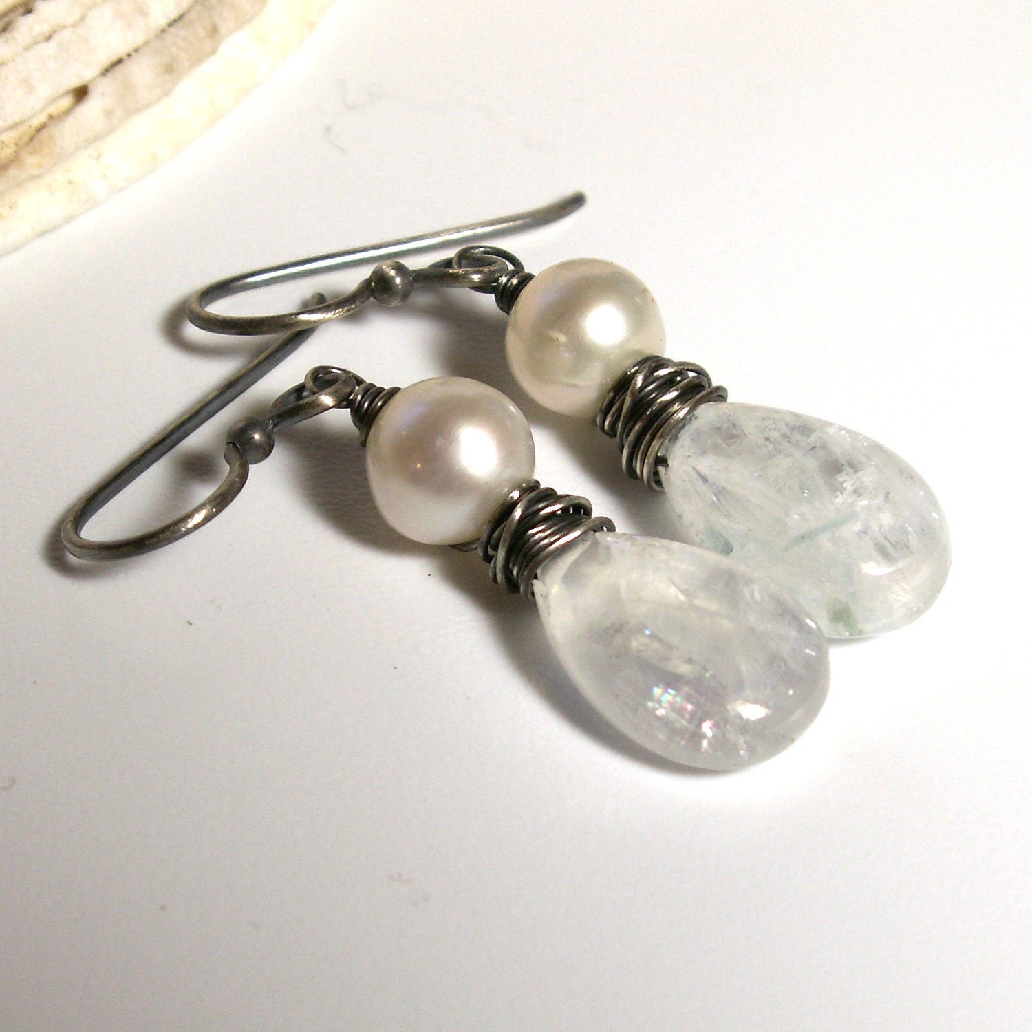 Moonstone Earrings . White Pearl Earrings . June Birthstone Earrings . Icy Straits