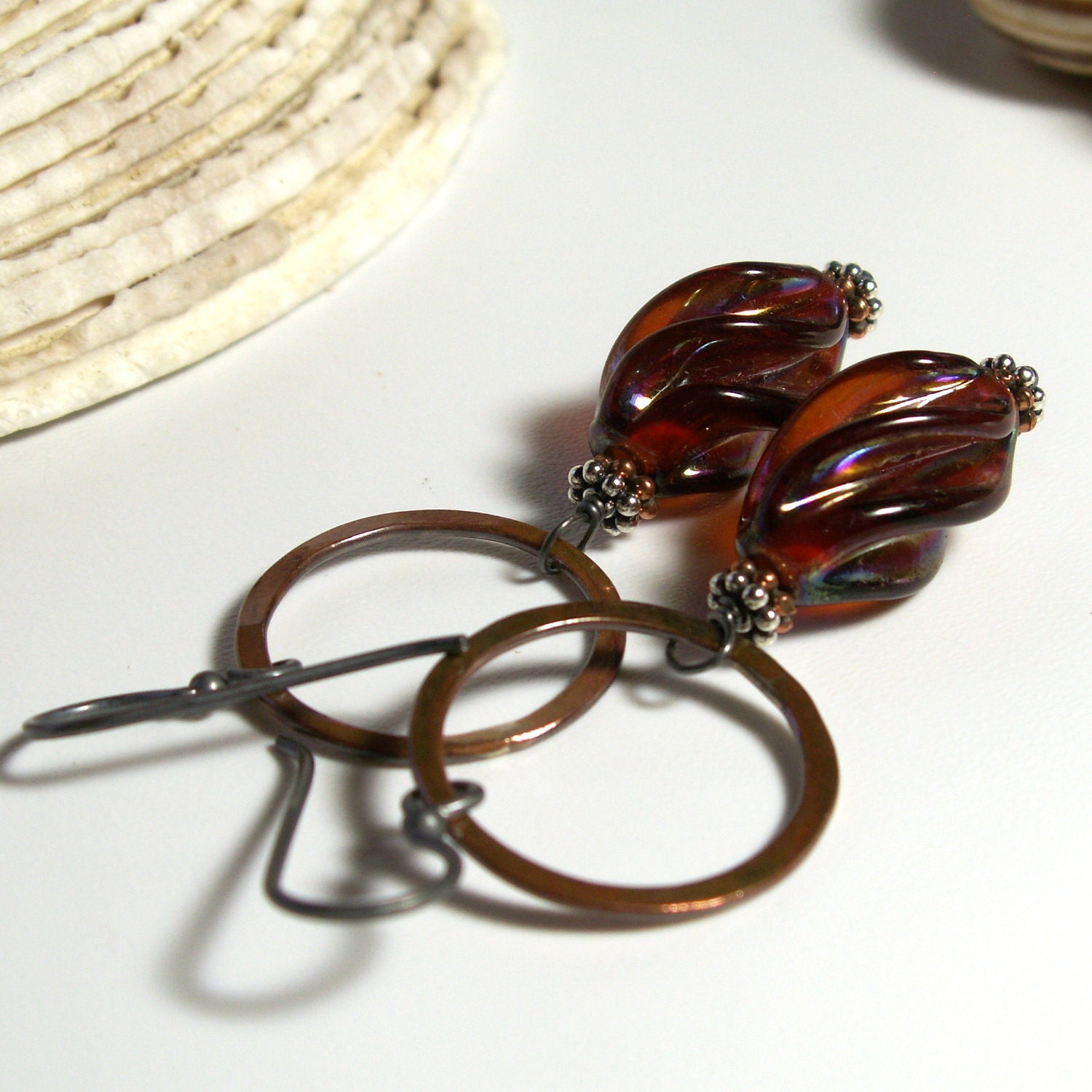 Amber Glass Earrings . Twisted Bead Mixed Metals Copper Circle Earrings . Sterling Silver