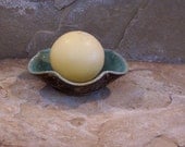 SALE - Burnt Iron Brown and Blue Celadon Handmade Stoneware Ceramic Pottery Candle Holder - Tea Bag Dish - Ring Dish - Set of Two