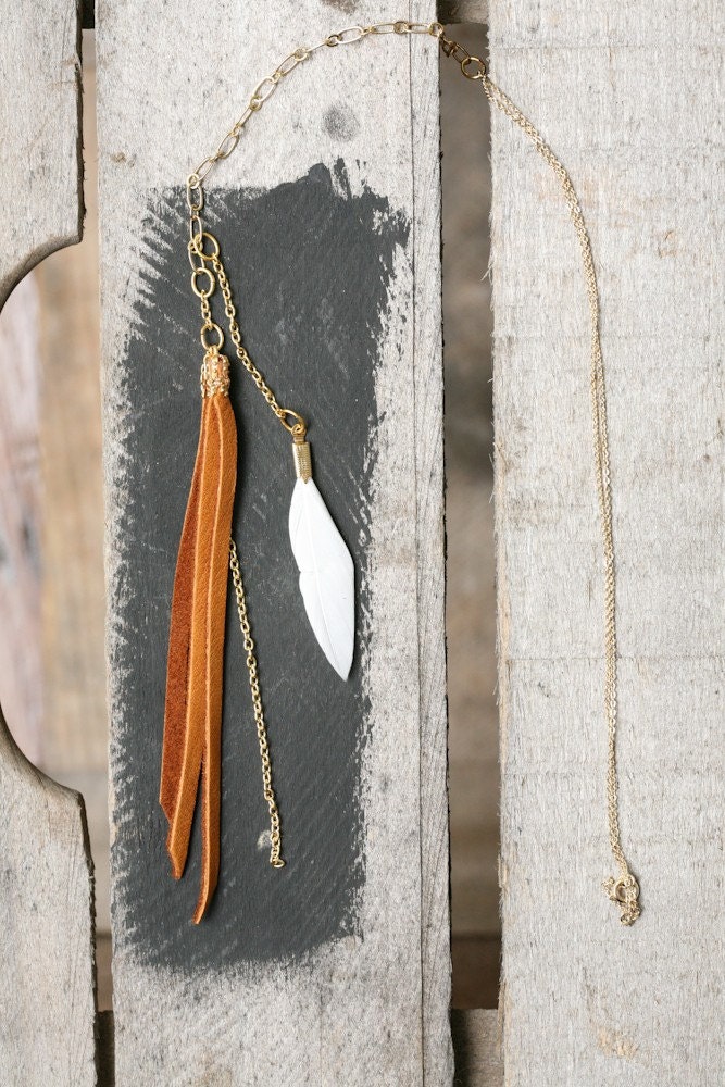 Chocolate cinnamon spice - brown leather tassel necklace with white feather