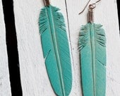 leather feather earrings - hand carved - dusty turquoise