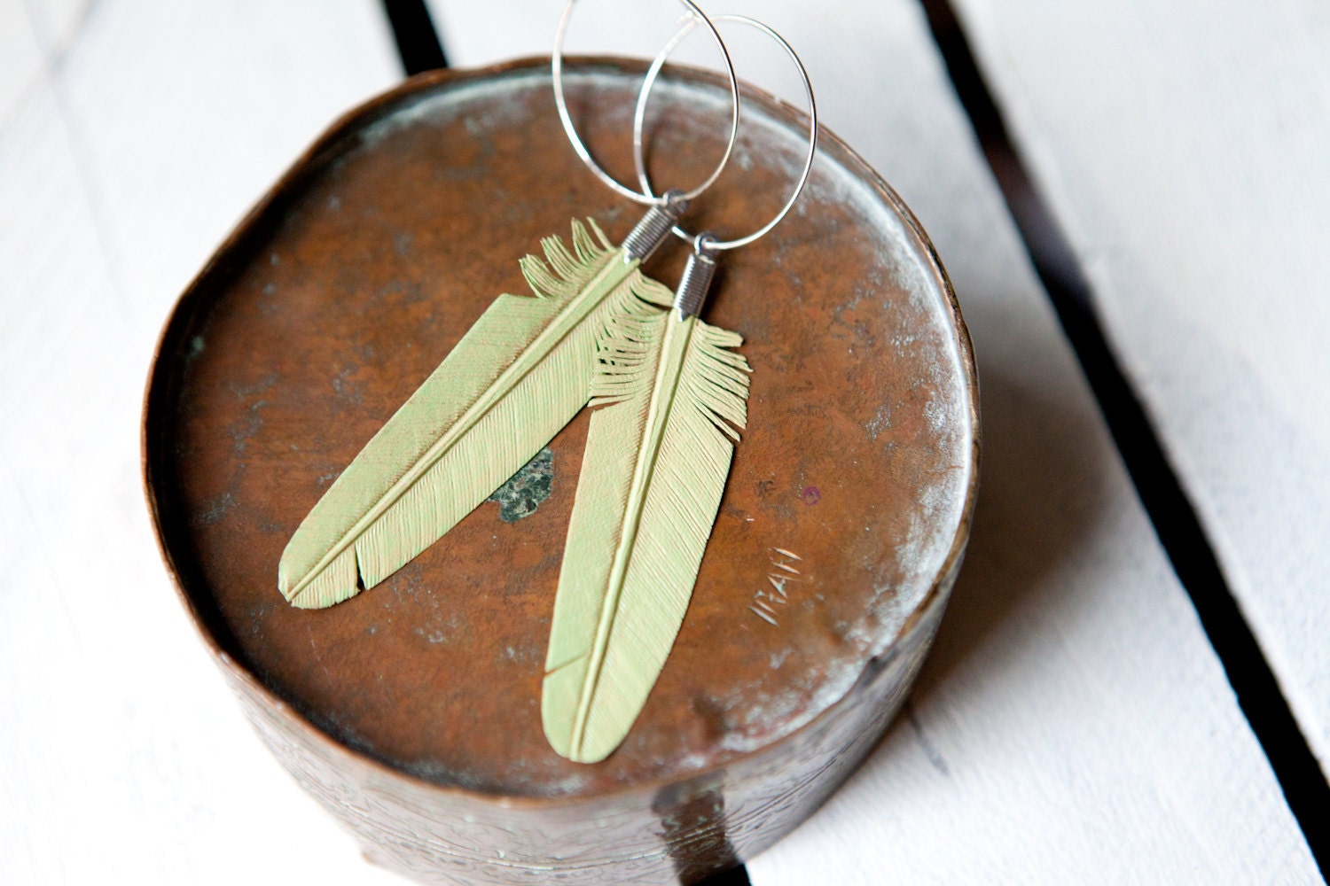 mint leather feather earrings on sterling silver hoops