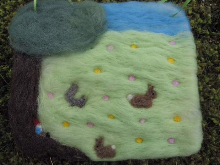 Needle Felted Picture A Day In The Field with Bunnies Squirrel and Gnome