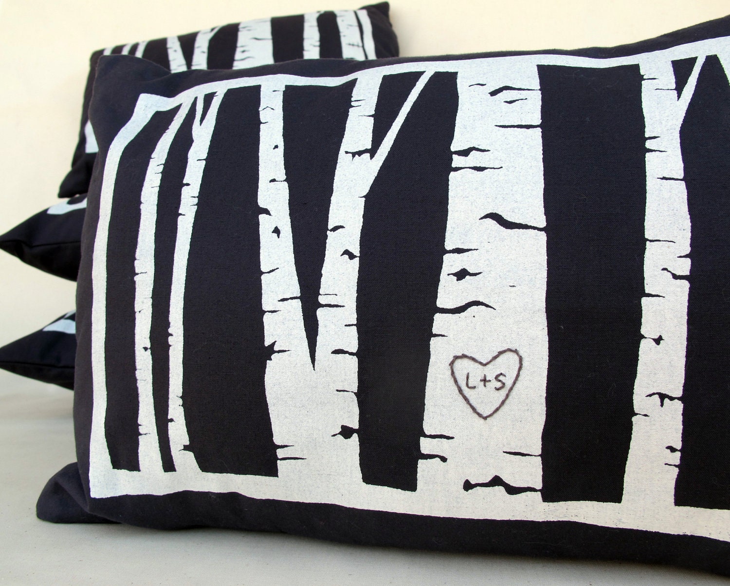 custom birch tree pillow cover -- personalized with your initials