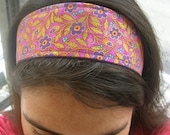 HEADBAND  purple  flowers with metalic leaves reversible hairband.. Beautiful Print